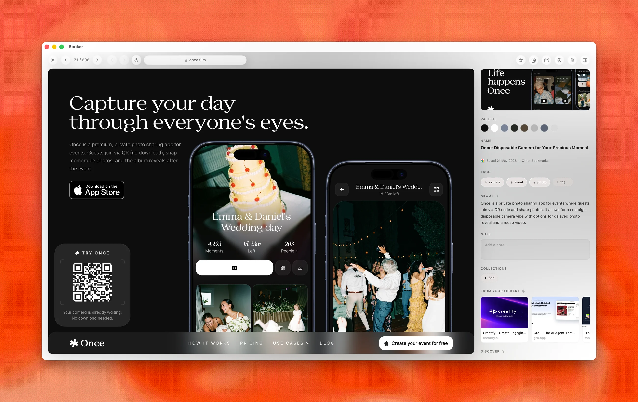 Fold detail page with built-in browser, extracted color palette, and AI tags