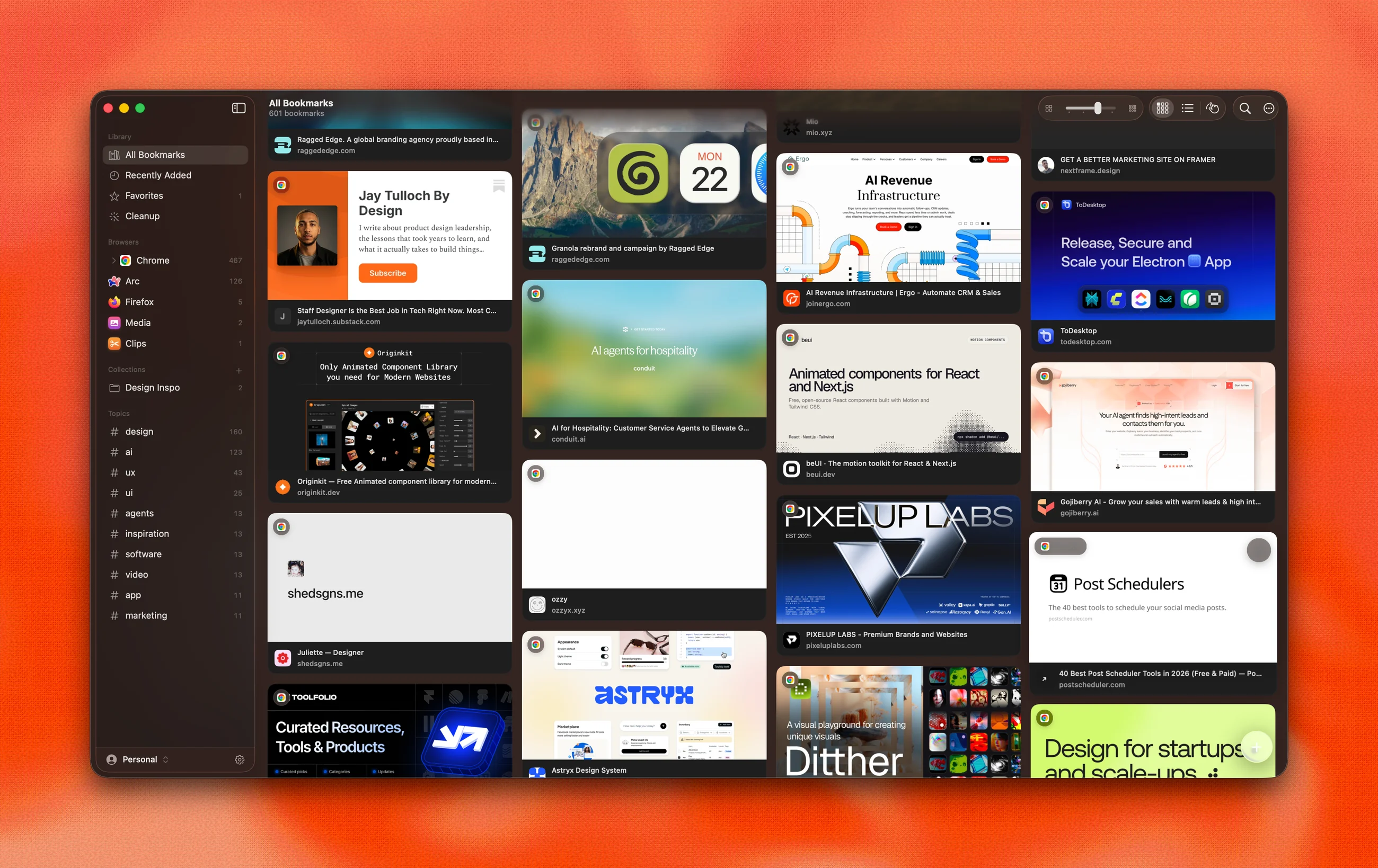 Fold library: an image-first masonry board of bookmark cards on macOS